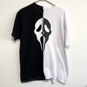 Scream Ghostface Mens Crew Neck T-Shirt Size XL Black White Split Face Halloween